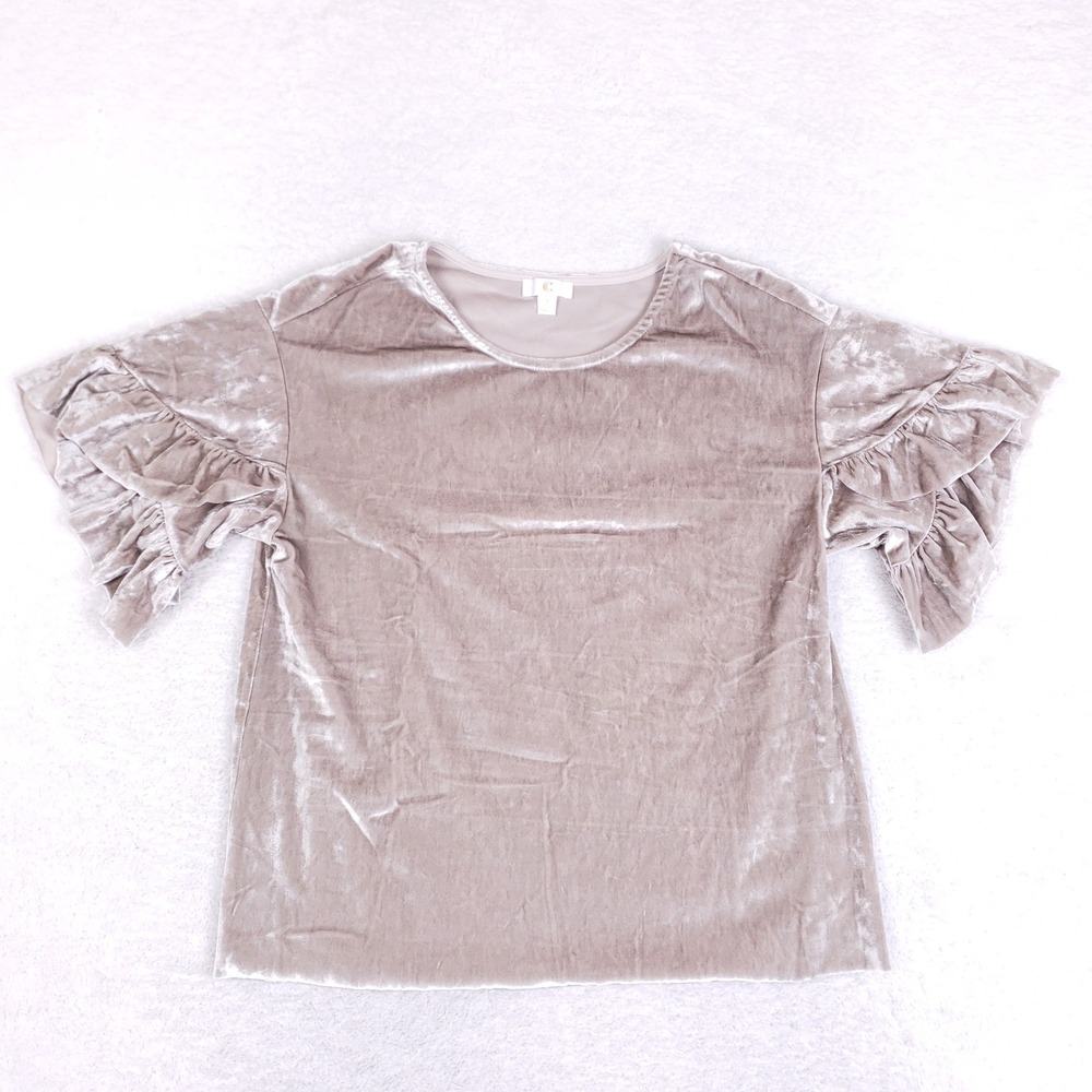LC‎ Lauren Conrad Velvet Blouse Womens Small Ruffle Sleeve Taupe Romantic Top